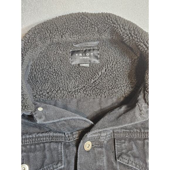 Triot Jacket Womens Large Black Denim Jacket Button Front W/Pockets Sherpa Neck - Picture 7 of 8